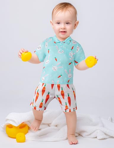 Image of Toddler Boy Easter Outfit 4t-5t Boys Easter Outfit Bunny Print Blue Short Sleeve Shirt Carrot Print Shorts 2 Piece Easter Outfit