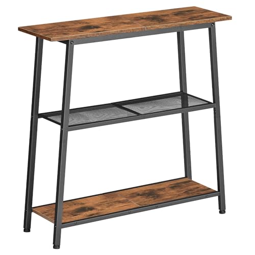 HOOBRO Mesa de Consola de 3 Niveles, Mesa Estrecha para Recibidor, con Estantes Abiertos, Mueble para Sofá, Entrada, para Pasillo y Sala de Estar, Marrón Rústico y Negro EBF62XG01
