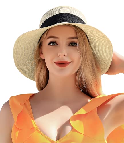 Image of Beach Sun Straw Hats for Women, UPF 50+ UV Sun Protection Wide Brim Summer Straw Hat Foldable Packable Roll up Cap