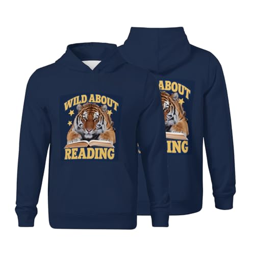Kids Retro Wild About Reading Tiger Boys Girls Lightweight Kangaroo Pocket Fleece Hoodies