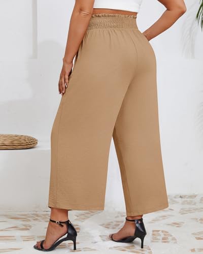 Neer Women's Plus Size Wide Leg Pants, Summer Stretchy Lounge Pants with Pockets Pull On Elastic Flowy Palazzo Trousers(Khaki,3XL)2