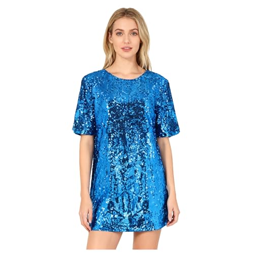 Jaugola Womens Sequin Mini Dress Super Star Glitter Costume Sparkly T-shirt Concert Tour Disco Party Halloween Outfit Blue M