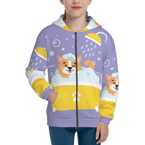 Corgi Washing in Bathtub Kid Hoodies Boys Zip Up Sweatshirts Girls Pullover with Pocket3