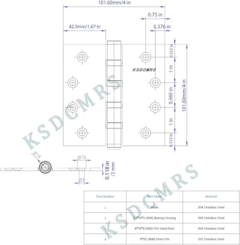 Brushed Gold 4 inch x 4 inch Stainless Steel Door Hinges,Heavy Duty Interior/Exterior Door Hinge,Rust-Proof,304 SS Ball Bearings,Non-Removable Pin (NRP),4" (101mm) x 4" (101mm),SquareCorner,2 Pack by KSDCMRS - Used condition - Image 2