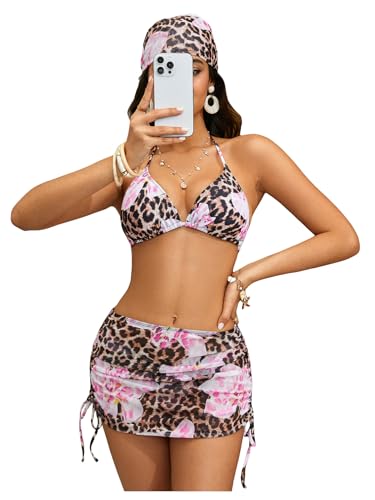 Image of Women's 4 Piece Polka Dots Bathing Suits Cover Up Skirt & Bandana | Halter Bikini Sets, Sexy Bathing Suit, Beach Skirt, Leopard, Paisley, Tropical, Summer