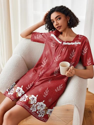 Image of Ekouaer Women Zipper Robe Short Sleeves House Coat Zipper Front Bathrobe Sleepwear with Pockets Housecoat Nightgown