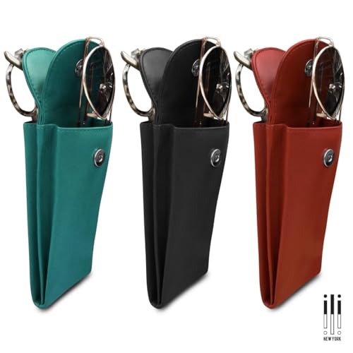 Image of ili New York Double Flap Leather Eyeglass Case, Soft 2-in-1 Dual Glasses Pouch for Sunglasses and Reading Glasses