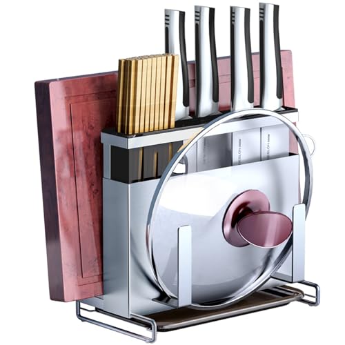 tangcheng 包丁スタンド 俎板スタンド 包丁立て まな板スタンド キッチンツールスタンド 包丁差し 壁掛け式カウンタートップ パンチフリー 多機能収納ラック 鍋蓋スタンド 箸立て 水切りトレイ付 防錆 おしゃれ 省スペース まな板立て 包丁ケース