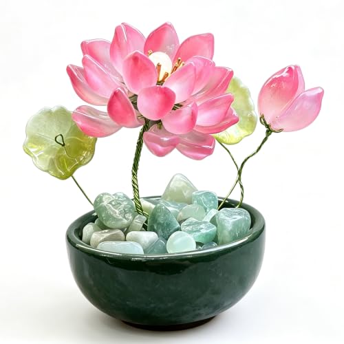 Gardisluna Glass Pink Lotus Flower Figurine, Handmade Mini Crystal Feng Shui Home Decor Office Decor Table Centerpiece with Ceramic Base & Natural Pebbles, Cute Collectible Gifts for Women, Mom