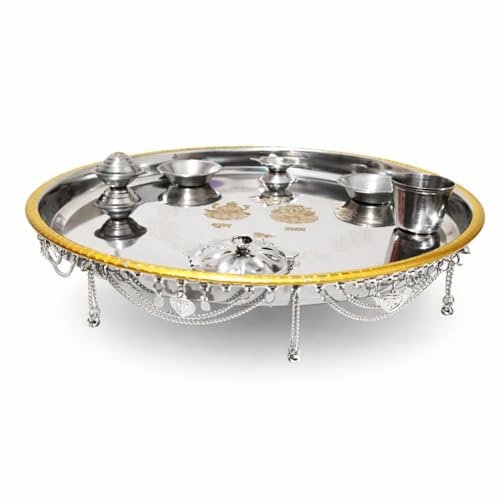 Best Puja Thali Sets: Stainless Steel vs Brass 16 Stainless Steel Pooja Thali with Silver Chain Decorative Puja Tha...