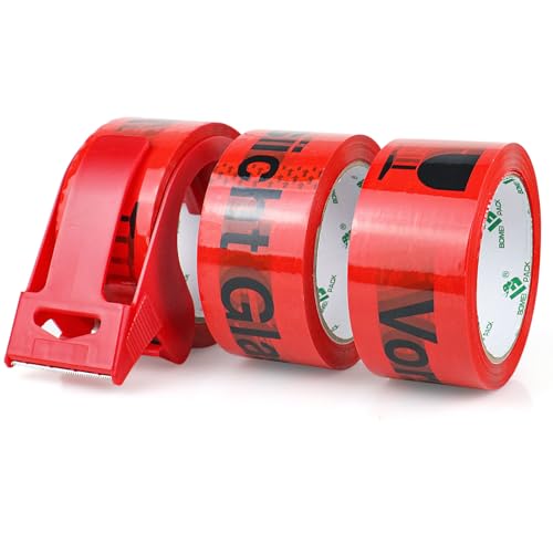 BOMEI PACK 3 Rollen Paketklebeband Vorsicht Glas Klebeband Packband Verpackungsband Kartonband 66mx50mm Verpackungsmaterial für Pakete und Karton Packband mit hoher Klebkraft in Profi-Qualität