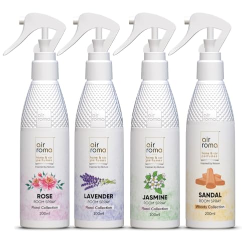 AIR-ROMA Air Freshener Spray Combo of 4 (200ml Each) | Rose, Jasmine, Sandal, Lavender Fragrances | Long-Lasting Odour Eliminator for Home, Hotel Room