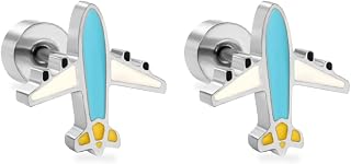 Cute Small Airplane Cartilage Stud Earrings for Women White Gold-Toned Aircraft Tiny Piercing Ear Tragus Post Studs Earring Birthday Jewelry Dainty Present for Daughter Niece