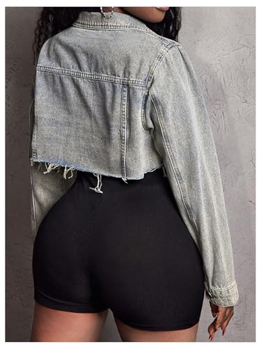 WDIRARA Women's Ripped Raw Hem Cropped Denim Jackets Button Down Long Sleeve Jean Jacket Outerwear2