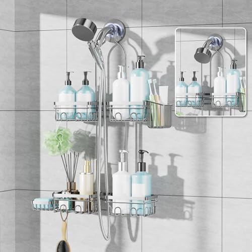 KEGII Shower Caddy Hanging for Handheld Showerheads Rustproof Hanging Shower Organizer with Soap Dish Toothbrush Holder and Hooks Over Showerhead Caddy for Bathroom Silver