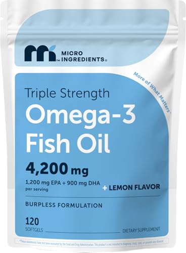 Image of Micro Ingredients Triple Strength Omega 3 Fish Oil Supplements 4200mg Per Serving, 120 Softgels - Lemon Flavored - Burpless | EPA 1200mg + DHA 900mg | Deep Sea Fish