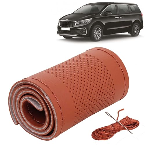 Image of KINGSWAY PU Leatherite Car Steering Cover Sewable Compatible with Kia Carnival (Year 2020 Onwards), Tan Color with Tan Thread, Pack of 1 with Sewing Needle and Thread