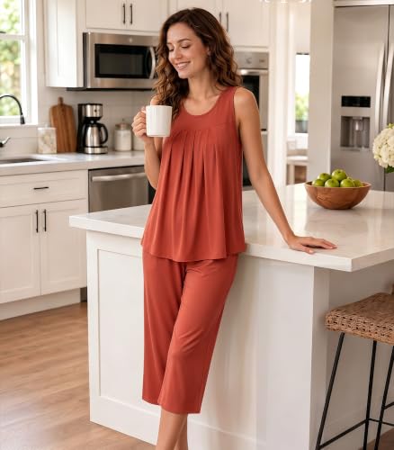 Image of NACHILA Pajamas for Women-Viscose Made from Bamboo, Sleeveless Pjs Tank Top Capri Pants Pajama Sets Cooling Sleepwear