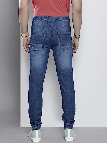 Image of The Indian Garage Co Men Slim Fit Solid Mid-Rise Stretchable Denim Joggers