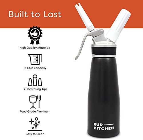 Eurkitchen Professional Aluminum Whipped Cream Dispenser - Leak-Free Whip Cream Maker Canister With 3 Decorating Nozzles & Cleaning Brush - 1-Pint / 500 Ml Cream Whipper - N2O Chargers (Not Included) #TOP3