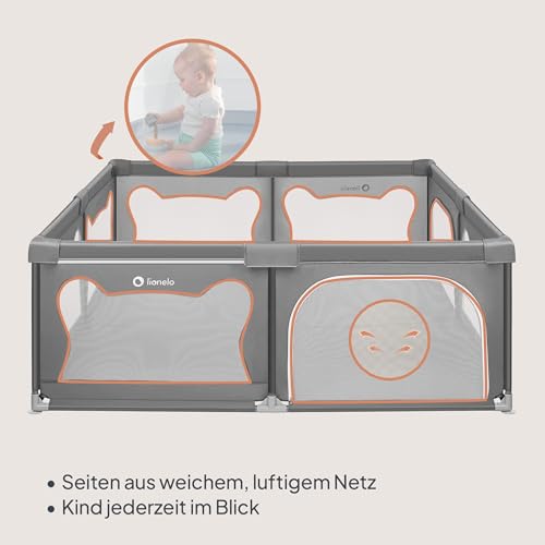 LIONELO WILLOW XL Laufgitter Baby, ab 0-48 Monaten große Fläche 187 cm x 207 cm x 68 cm, Laufgitter Baby mit Seitenwände aus atmungsaktiven Netzstoff, 2 Seitliche Eingänge mit einem Reißverschluss