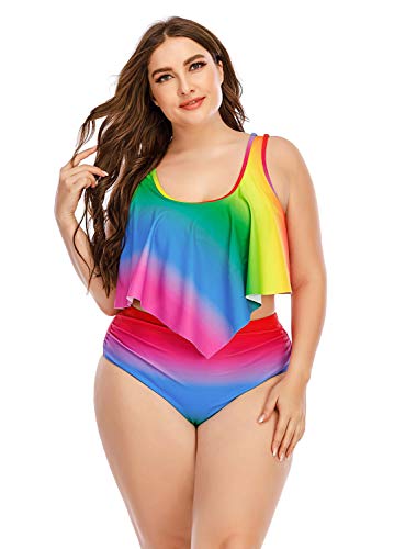 Wellwits Women's Plus Size Rainbow Gradient Color Ruffle Top Bikini Set Swimsuit4