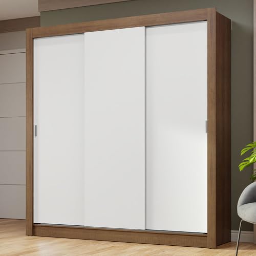 Image of Madesa 3 Sliding Doors Wardrobe Ample Storage Wooden Almirah 170 Cm with Shelves and Hanging Units for Bedroom - Brown /White
