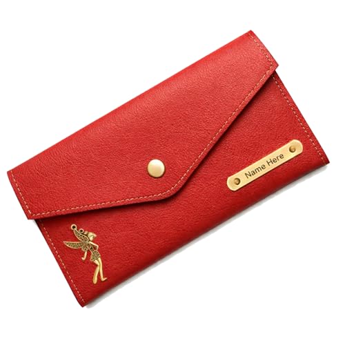 OMMIV Personalized Name & Charm Women’s Wallet | Premium Leather Ladies Purse with Custom Name | Stylish Clutch Wallet for Girls | Gift for Wife, Girlfriend, Sister | Birthday (Red)
