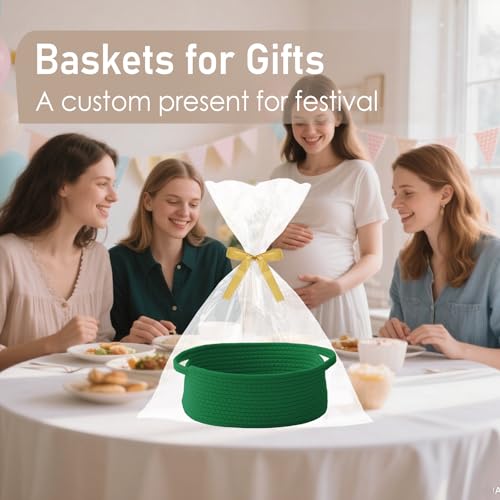 Image of JMvicyroam Small Woven Basket, Empty Gift Basket, Green /3 Pack | Small Gift Basket, Cotton Rope, 12 x 8 x 20 in, Handles, Includes Ribbon and Bag, Birthday Gift Basket