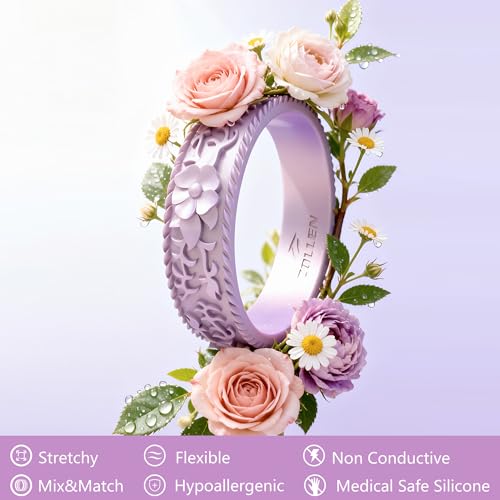 Image of Silicone Wedding Rings for Women 1 /4 /7 Packs -Stackable Silicone Rubber Wedding Bands - Innovative Flower & Vine Collection