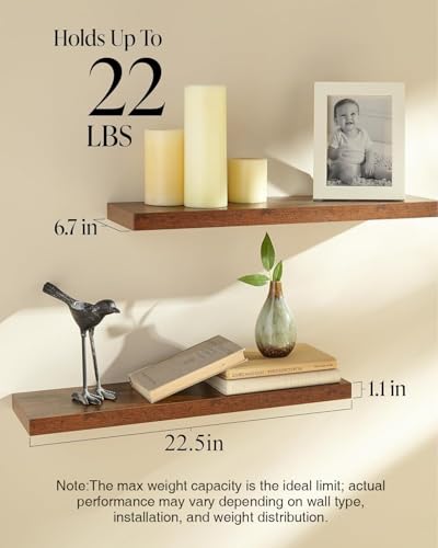 BAYKA Floating Shelves, 22.5" Wall Mounted Wood Shelves for Bathroom, Bedroom, Living Room, Kitchen, Hanging Shelf for Books/Storage/Decor with 22lbs Capacity (Rustic Brown,Set of 2)