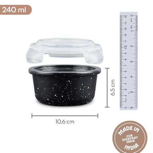Image of Borosil 240 ml Pebble Black Food Storage Container with Air Tight Lid | Round Shape Borosilicate Glass Organiser | Microwave & Dishwasher Safe | For Fridge, Kitchen Storage