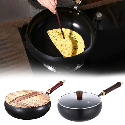 Feizikaw Poêle en fer forgé à la main, non revêtue, accumulateur de chaleur pour la cuisine, recettes variées et styles culinaires, poêle en fonte (couvercle en verre + poêle noire)