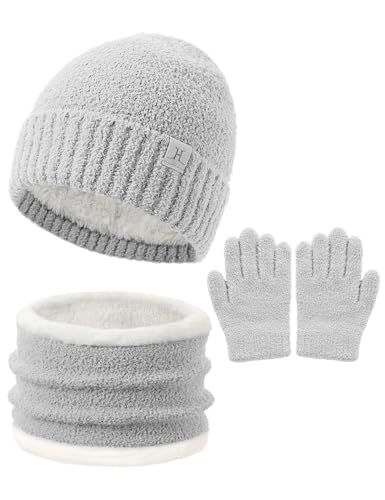 Kids Hat and Gloves Set Girl Boys, Toddler Beanie Winter Hat Neck Warmer Gaiter Gloves Mittens Fleece Lined for 6-8 4t 5t 4-8