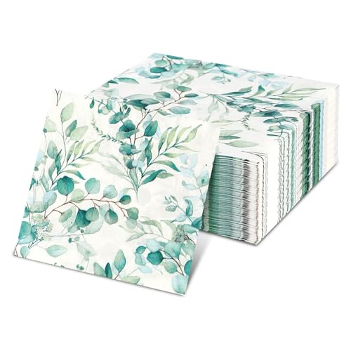 FENGCHUANG 80 Pièces Serviette Papier Eucalyptus 33 x 33 cm Serviette de Table Papier Vert Serviettes en Papier Eucalyptus pour Mariages Baptêmes...