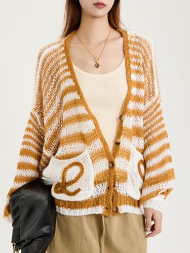 Women's Lightweight Cardigan Sweaters Crochet Knit Long Sleeve Button Down Striped Color Block Oversized Outwear3
