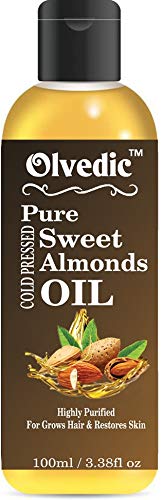 Olvedic Sweet Almond Oil 100% Natural, Cold Pressed Therapeutic Grade For Face, Hair and Skin (100ml)