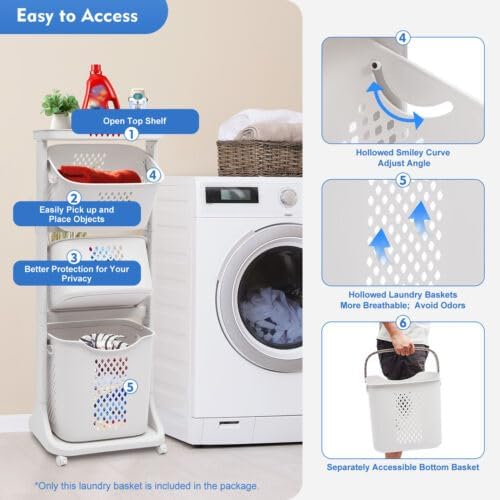 Laundry Basket Storage, 3-Layer Stackable Laundry Basket System PP Rolling Storage Cart, Multi-purpose Laundry Basket with Universal Wheel Vertical Laundry Sorter for Dirty Clothes Basket