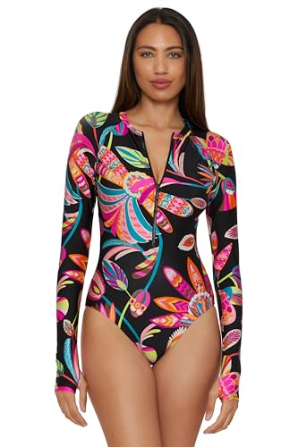 Trina Turk Women's Paddle One Piece Swimsuit, Rash Guard, Uv Protection, Zip Front, Long Sleeve, Bathing Suits