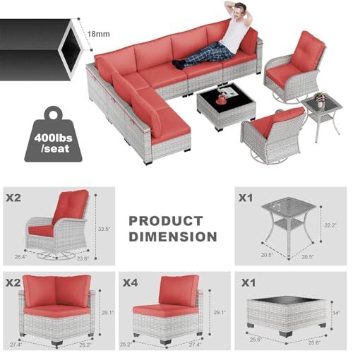 Image of Outdoor PE Wicker Rattan Modular Patio Sectional Sofa Set | 10-Piece: 6 Modular Seats, Coffee Table, 2 Swivel Rocking Chairs & Side Table, Red