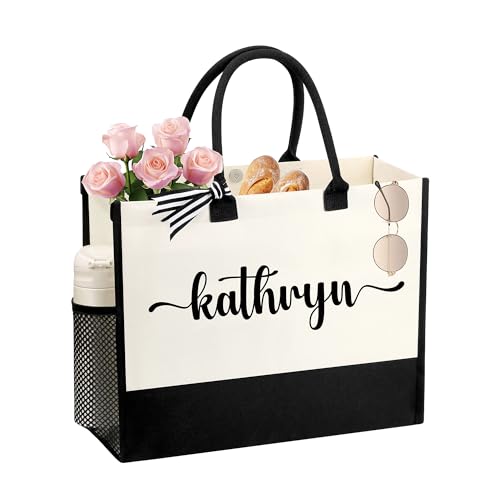 Image of Personalized Name Tote Bag for Women, Birthday Best Friend Bridesmaid Gifts for Women Canvas Initial Tote Bags
