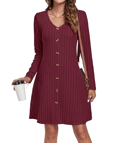 AUSELILY Herbstkleid Damen Strickkleid Dekorative KnöPfe Leichte Langarm Kleid Herbst Winter V-Ausschnitt A Linien Pulloverkleid Winterkleid Elegant...