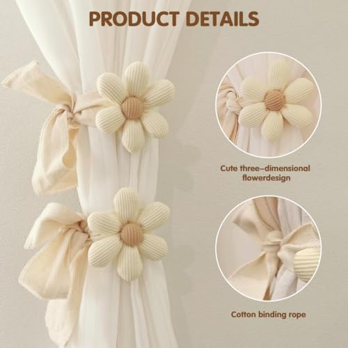 Image of HASTHIP 2Pcs Floral Curtain Tie Backs, Decorative Flower-Shaped Charm Holder Tiebacks with Ribbon, Drape Cute Fresh Style Curtain Accessories for Home Decoration