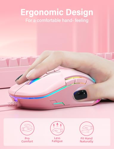 Wired USB Mouse, Computer Mouse with RGB Lighting, 4 Adjustable DPI, Ergonomic Optical Office Mouse, 7 Buttons Corded Mice for Window/PC/Laptop/Desktop/Mac/Chromebook, Pink - Image 6