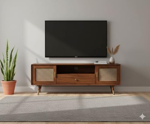 Image of MISAN Modern TV Table | Solid Sheesham Wood Sideboard TV Unit for Living Room, Bedroom, Office Furniture Stand | Wooden Free Standing Entertainment Unit Side Board Table with Storage (B-Hony)