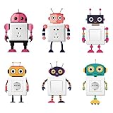 AHANDMAKER 6 Types Funny Robot Light Switch Stickers, Colorful Cartoon Robot Theme Wall Sticker Switch Decals for Light Switch, Outlets, Ledge Bedroom Living Room Classroom