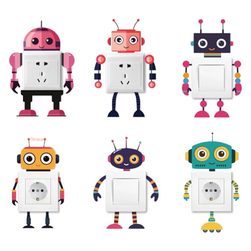 AHANDMAKER 6 Types Funny Robot Light Switch Stickers, Colorful Cartoon Robot Theme Wall Sticker Switch Decals for Light Switch, Outlets, Ledge Bedroom...