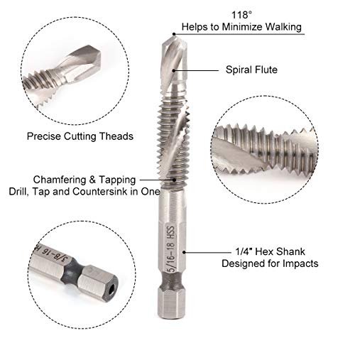 Comoware Combination Drill And Tap Bit Set - Deburr Countersink Drill Bit, Hss 4241 With 1/4” Hex Shank, 1/8”- 3/8”, 6Pcs #TOP2