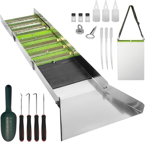 50" Complete Sluice Box Gold Panning Kit, 19pcs Folding Aluminum Alloy Gold Mining Kit, Gold Prospecting Equipment with Gold Pan, Classifier Screen and More, Lightweight Sluice Boxes for Gold Mining