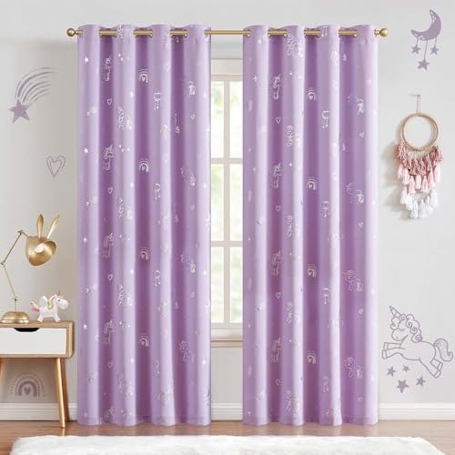 Image of BFAM Kids Blackout Curtains 9 feet Set of 1 - 100% Room Darkening, Thermal Insulated, Noise Reducing, Cute Unicorn Lilac Prints, Eyelet Curtains for Playroom, Bedroom & Nursery, Pack of 1 Curtain